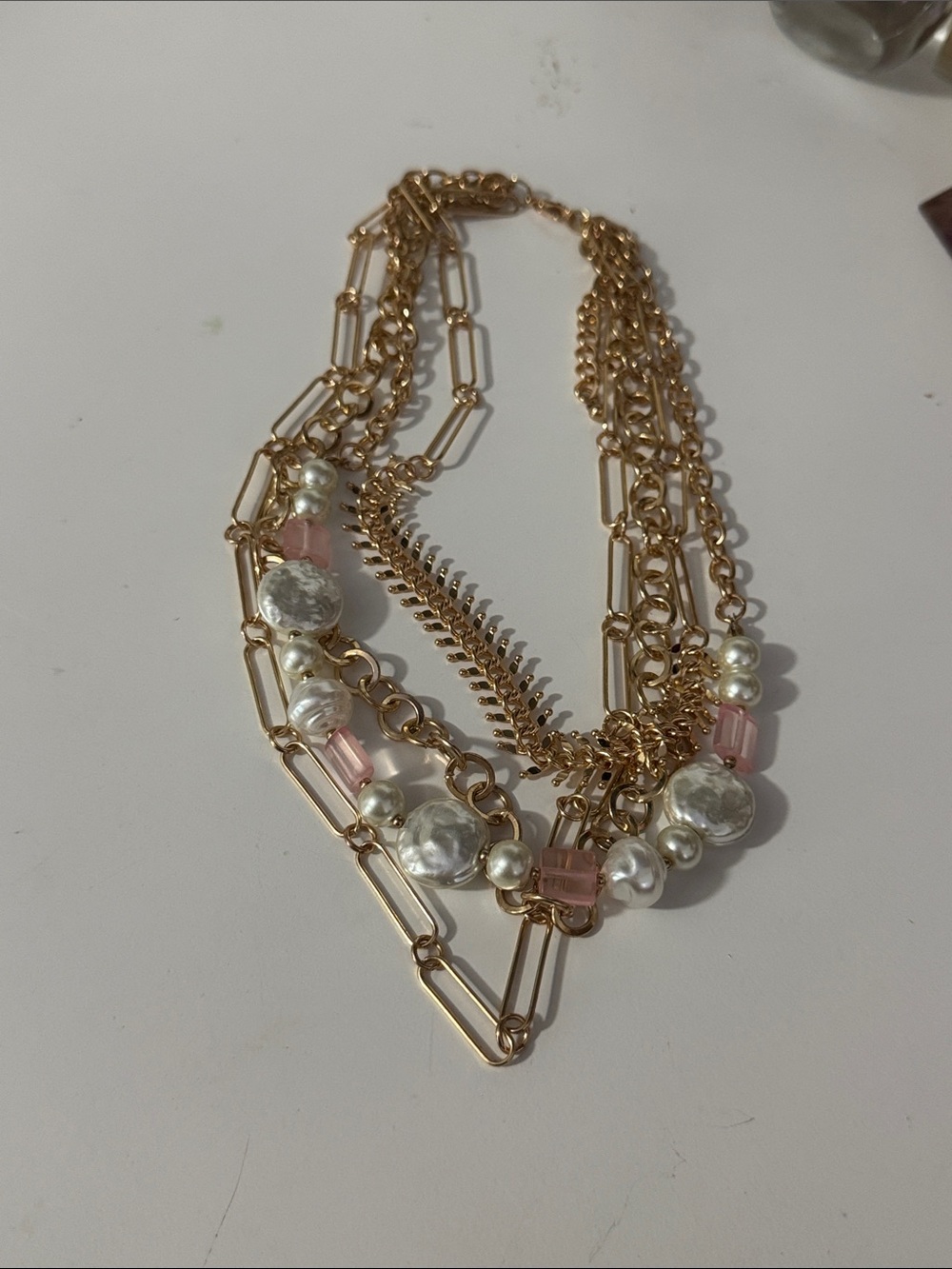 Gold Multi-Strand Pearl & Pink Bead Necklace